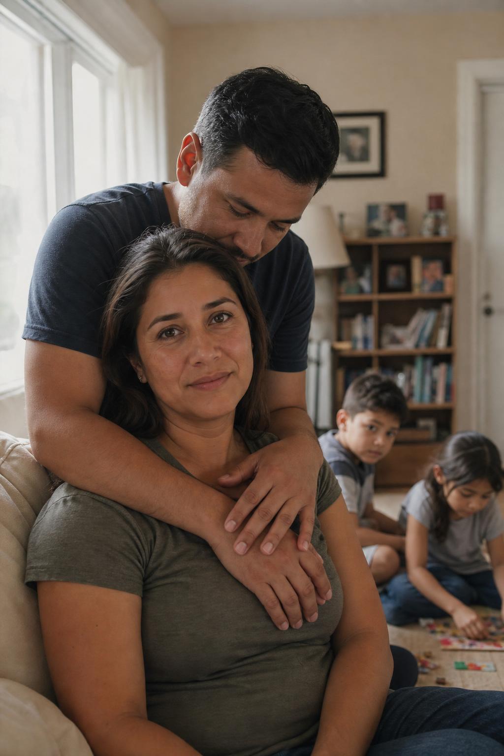 Familia latina en su hogar, esposo abrazando a su esposa con cariño, niños al fondo